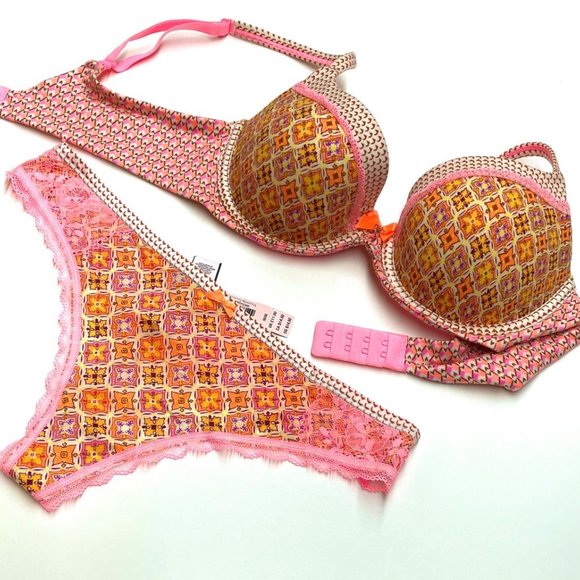 Victoria's Secret Neon Coral Pink Print Body By Victoria Multiway Demi Bra 34C - Picture 1 of 7